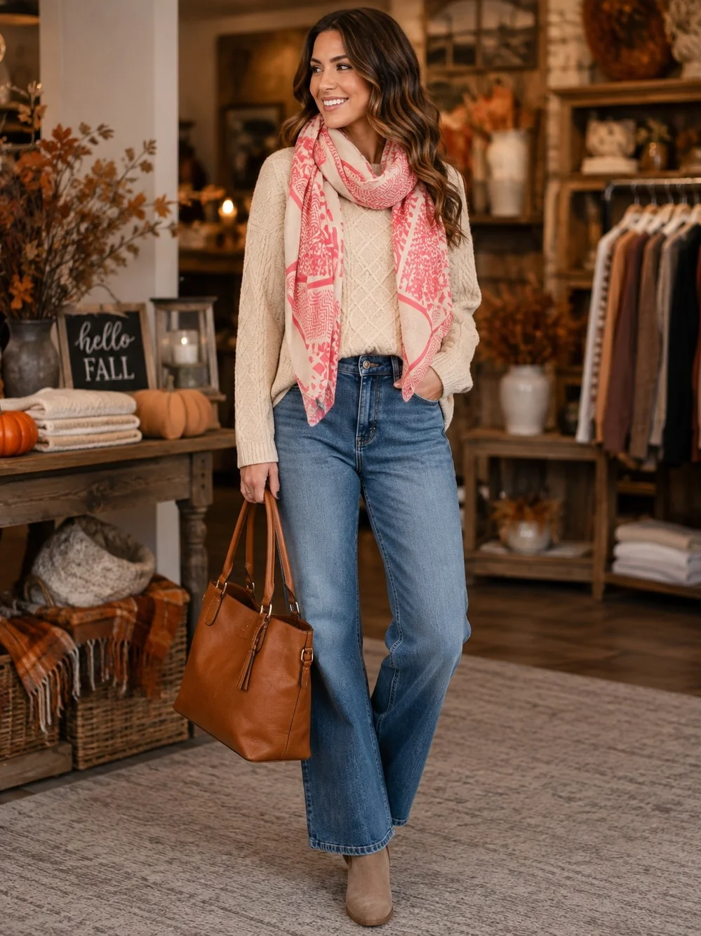 Do Everything in Love geometric-patterned wrap scarf. Red Cream